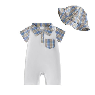 Short Sleeve Collar Plaid Baby Jumpsuit