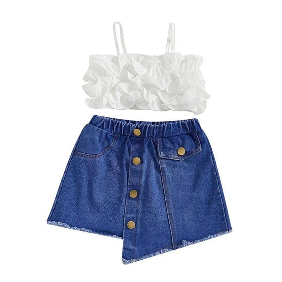 White Top Denim Skirt Toddler Set