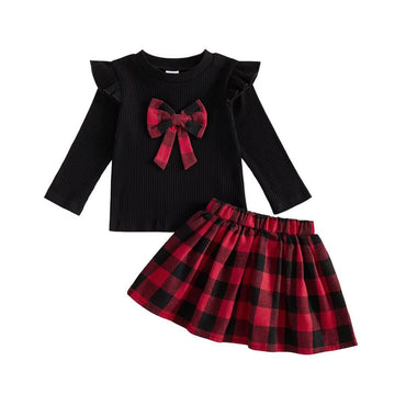 Long Sleeve Bow Plaid Skirt Toddler Set
