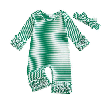Long Sleeve Striped Ruffled Baby Jumpsuit Green 0-3 M