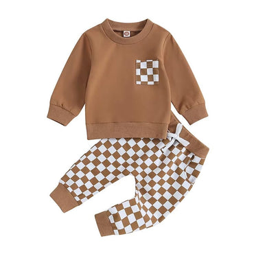 Long Sleeve Checkered Pants Baby Set Brown 3-6 M