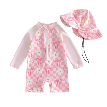 Long Sleeve Pink Checkered Floral Toddler Swimsuit