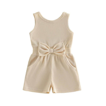 Sleeveless Bow Waffle Toddler Romper Rompers The Trendy Toddlers Beige 9-12 M 