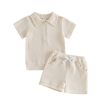 Short Sleeve Solid Waffle Zip Collar Toddler Set Sets The Trendy Toddlers Beige 9-12 M 