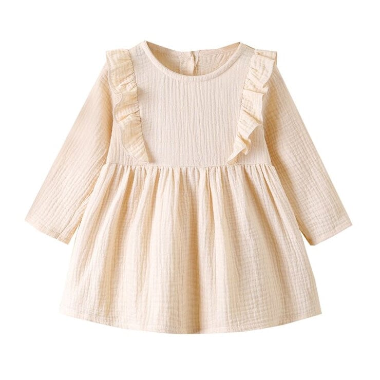 Long Sleeve Solid Ruffled Toddler Dress Dresses The Trendy Toddlers Beige 18-24 M 