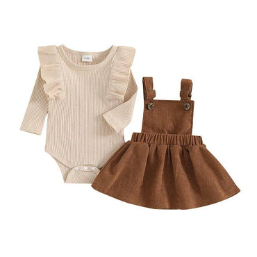 Long Sleeve Corduroy Suspender Skirt Baby Set Beige 0-3 M