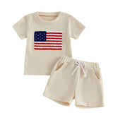 Short Sleeve USA Flag Waffle Toddler Set Beige 9-12 M