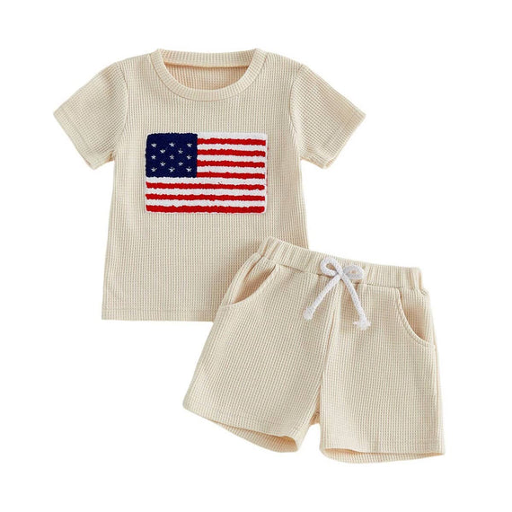 Short Sleeve USA Flag Waffle Toddler Set Beige 9-12 M