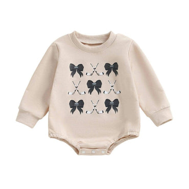 Long Sleeve Hockey Bow Baby Bodysuit Beige 0-3 M