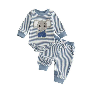 Long Sleeve Cute Animal Striped Baby Set Blue 0-3 M