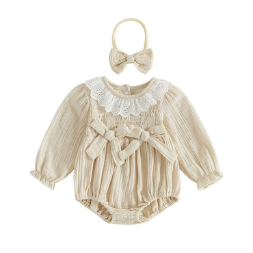Long Sleeve Vintage Lace Baby Romper Rompers The Trendy Toddlers Beige 0-3 M 