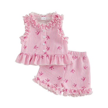 Sleeveless Bow Stripes Ruffled Toddler Set Pink 9-12 M