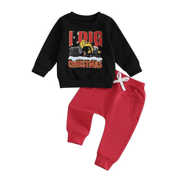 Long Sleeve Christmas Digger Toddler Set Black 12-18 M 