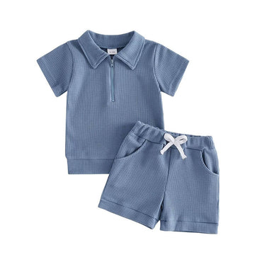 Short Sleeve Solid Waffle Zip Collar Toddler Set Sets The Trendy Toddlers Blue 9-12 M 