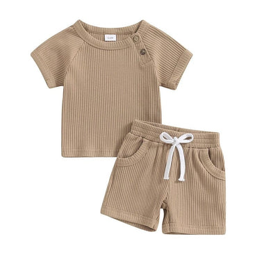 Short Sleeve Solid Ribbed Baby Set Khaki 3-6 M 