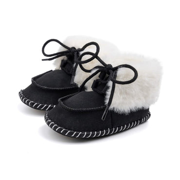 Solid Lace Up Faux Fur Baby Shoes Black 1