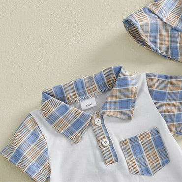 Short Sleeve Collar Plaid Baby Jumpsuit