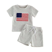 Short Sleeve USA Flag Waffle Toddler Set Gray 9-12 M
