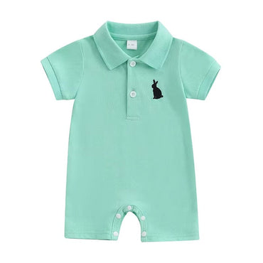 Short Sleeve Collar Bunny Baby Romper Green 0-3 M