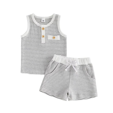 Sleeveless Waffle Striped Toddler Set Gray 3-6 M