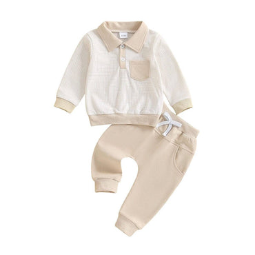 Long Sleeve Collar Plaid Baby Set Beige 3-6 M