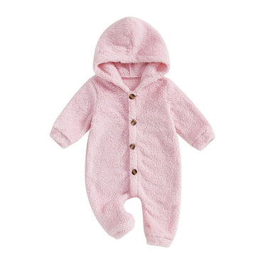 Long Sleeve Fleece Hooded Baby Jumpsuit Pink 0-3 M 