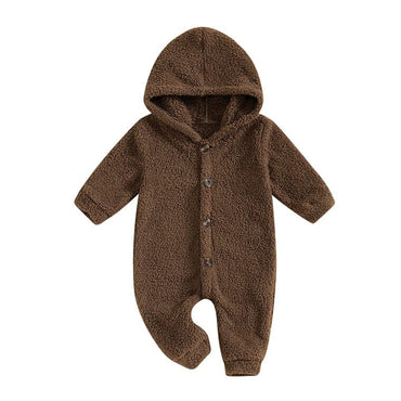 Long Sleeve Fleece Hooded Baby Jumpsuit Dark Brown 0-3 M 