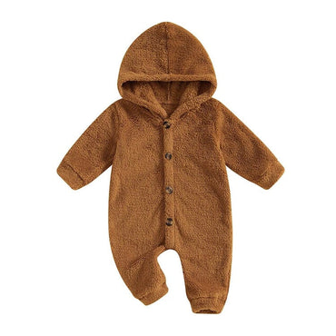 Long Sleeve Fleece Hooded Baby Jumpsuit Brown 0-3 M 