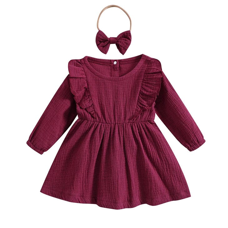 Long Sleeve Solid Ruffles Toddler Dress Burgundy Red 9-12 M 