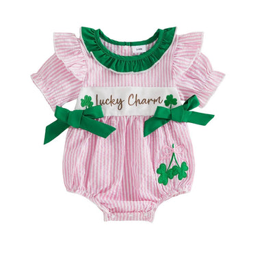 Short Sleeve Striped Lucky Charm Baby Romper Rompers The Trendy Toddlers 