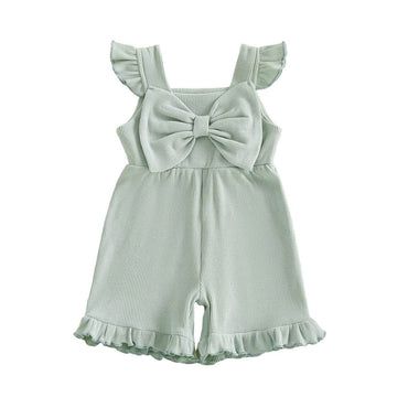 Solid Ribbed Bow Toddler Romper Green 9-12 M