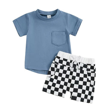 Short Sleeve Checkered Shorts Baby Set Blue 3-6 M