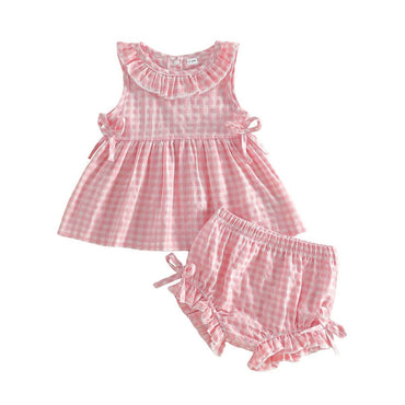 Sleeveless Ruffled Plaid Baby Set Pink 3-6 M