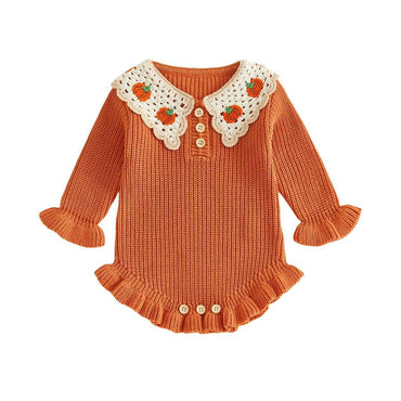 Vintage Lace Pumpkin Knit Baby Romper Orange 0-3 M