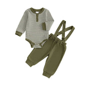 Long Sleeve Striped Suspender Baby Set Green 0-3 M
