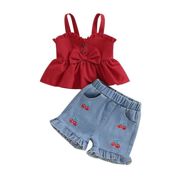 Sleeveless Cherry Denim Shorts Toddler Set Red 2T