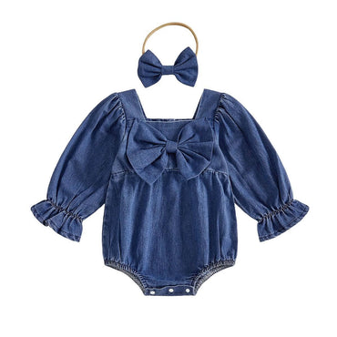 Long Sleeve Denim Bow Baby Romper