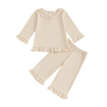 Long Sleeve Solid Ruffled Toddler Set Beige 9-12 M