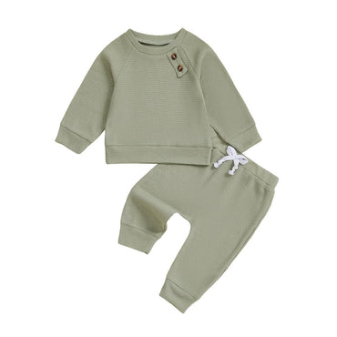 Long Sleeve Solid Waffle Button Baby Set Green 3-6 M