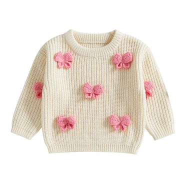 Long Sleeve Knitted Bows Toddler Sweater Beige 9-12 M 