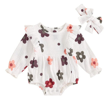 Long Sleeve White Floral Baby Romper   