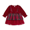 Long Sleeves Tulle Velvet Plaid Toddler Dress