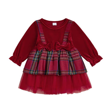 Long Sleeves Tulle Velvet Plaid Toddler Dress