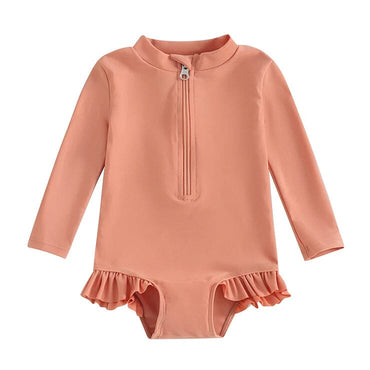 Long Sleeve Ruffles Zipper Toddler Swimsuit Red Coral 9-12 M 