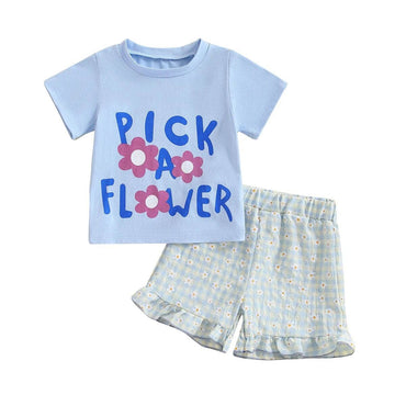Short Sleeve Pick Flower Baby Set Blue 3-6 M