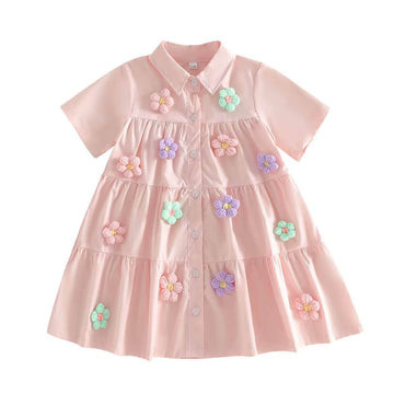 Short Sleeve Collar Flowers Toddler Dress Pink 2T