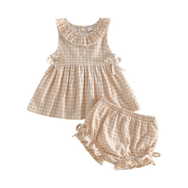 Sleeveless Ruffled Plaid Baby Set Beige 3-6 M