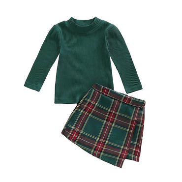 Long Sleeve Plaid Skort Toddler Set Green 2T