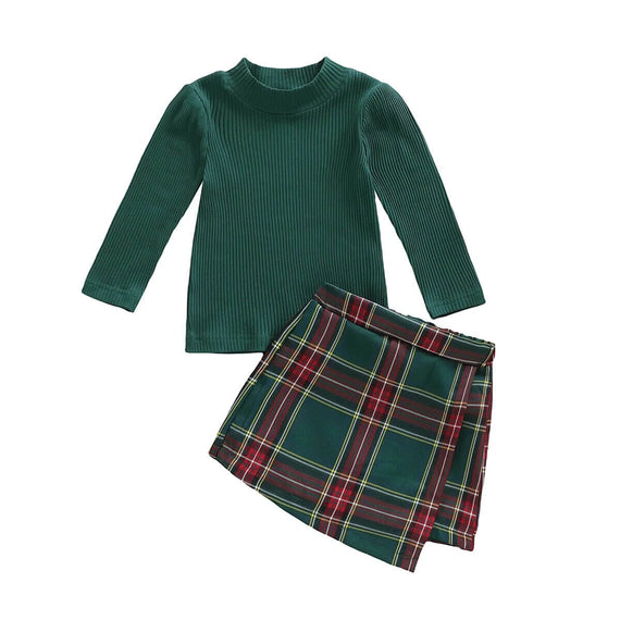 Long Sleeve Plaid Skort Toddler Set Green 2T