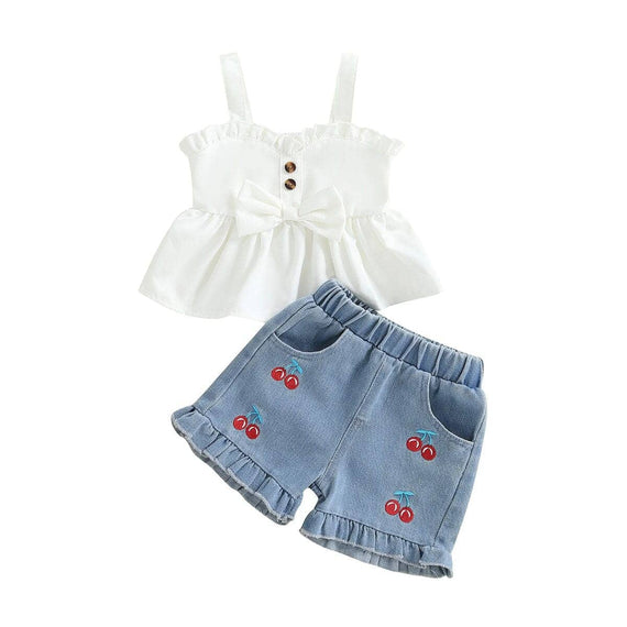 Sleeveless Cherry Denim Shorts Toddler Set White 5T